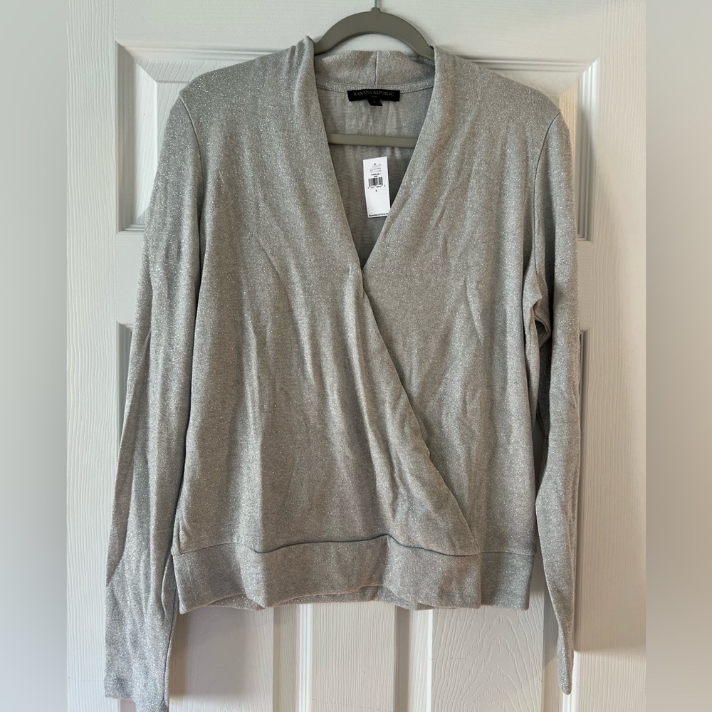Banana Republic Factory sparkly silver faux wrap top size L
